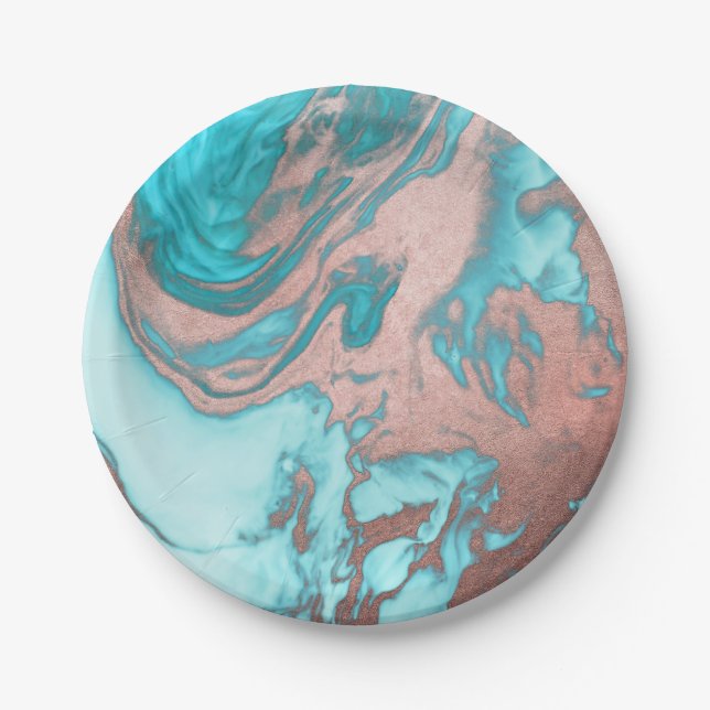 Artsy Chic Rose Gold Aqua Mint Blue Marble Pattern Paper Plate (Front)