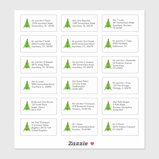Artsy Christmas Tree 18 Individual Name Addresses (Sheet)