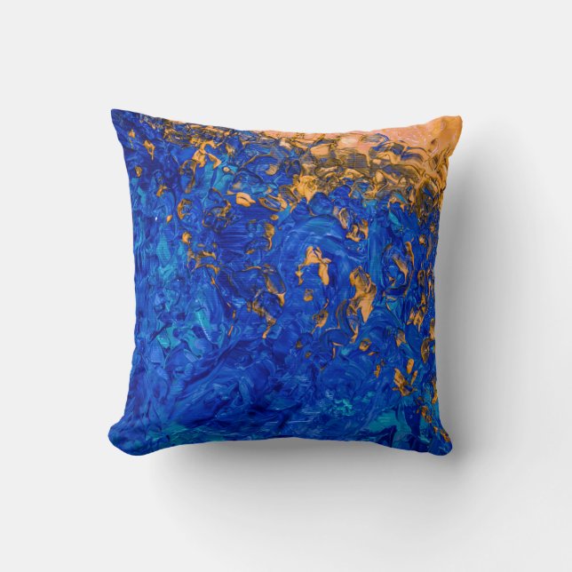Artsy Cobalt Blue Golden Yellow Acrylic Painting Cushion (Front)