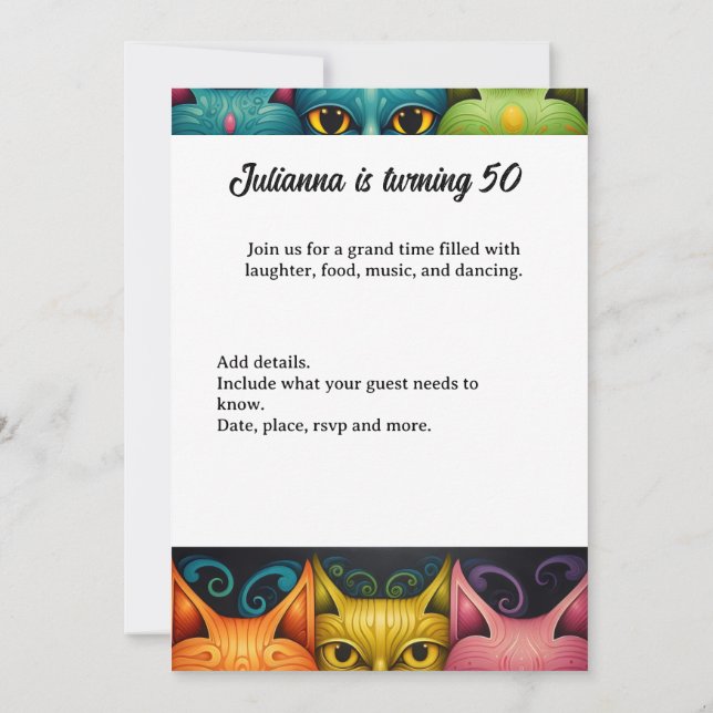 Artsy Colourful Attitude Cat lady Birthday Invitation (Back)