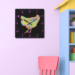 Artsy Colourful Dancing Chicken Funny Farm Hen Art Square Wall Clock<br><div class="desc">This funny colourful psychedelic quirky dancing chicken with a funny expression is an ideal way to say hi to the chicken lady or gentleman in your life. This quirky psychedelic indie style painting of a farm hen with multicoloured feather detailing will brighten up everyones day. What's fun about this design...</div>