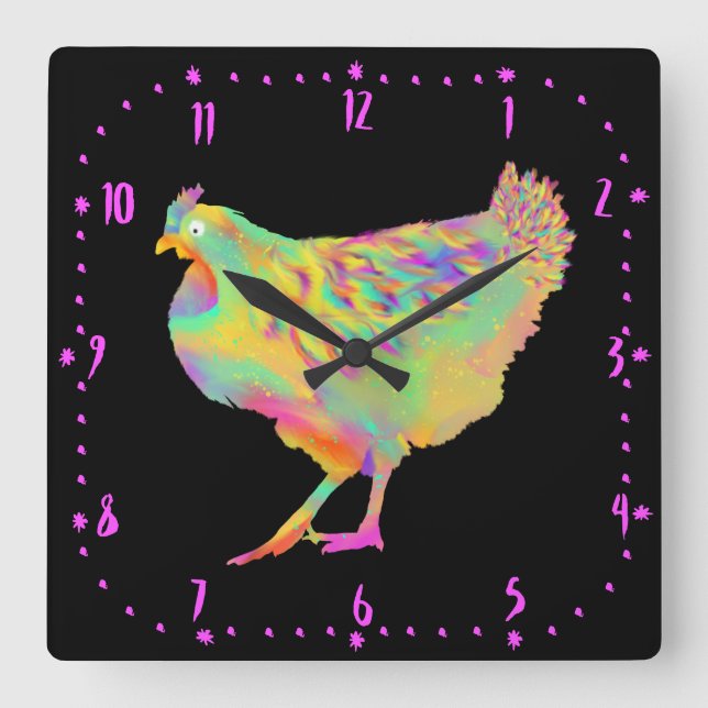 Artsy Colourful Dancing Chicken Funny Farm Hen Art Square Wall Clock (Front)