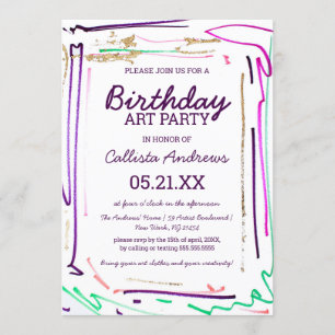 Artsy Colourful Gold Action Art Party Birthday Invitation