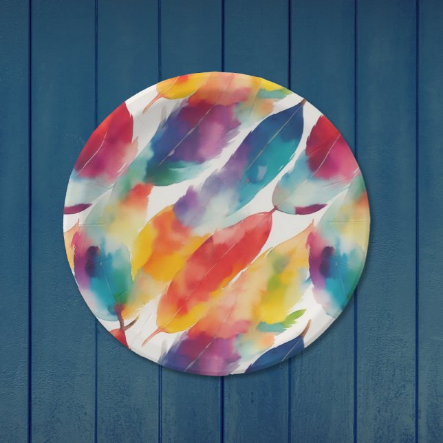 Artsy Colourful Rainbow Indian Feather Watercolor  Paper Plate (Creator Uploaded)