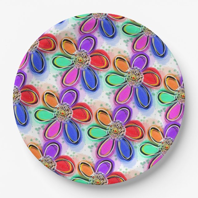 Artsy Colourful Watercolor Flowers Paper Plate (Front)