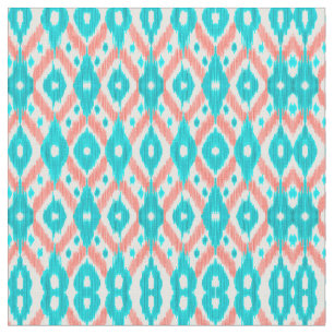 Artsy Coral Teal Abstract Ikat Geometric Pattern Fabric