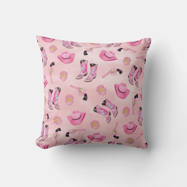 Artsy Cute Girly Pink Teal Cowgirl Watercolor Cushion (Front)