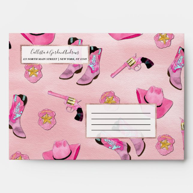 Artsy Cute Girly Pink Teal Cowgirl Watercolor Envelope (Front)