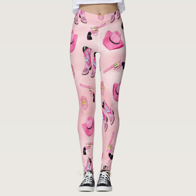 Artsy Cute Girly Pink Teal Cowgirl Watercolor Leggings (Front)