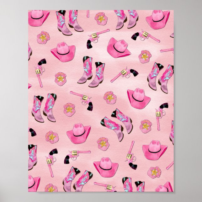 Artsy Cute Girly Pink Teal Cowgirl Watercolor Poster (Front)