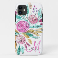 Artsy Elegant Pink Teal Floral Watercolor Monogram