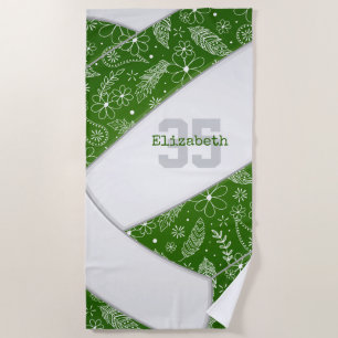 artsy feather doodles green boho volleyball beach towel