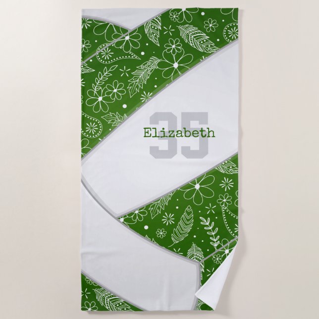 artsy feather doodles green boho volleyball beach towel (Front)