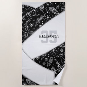 artsy floral doodle pattern black volleyball beach towel