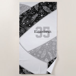 artsy floral doodles black grey volleyball beach towel