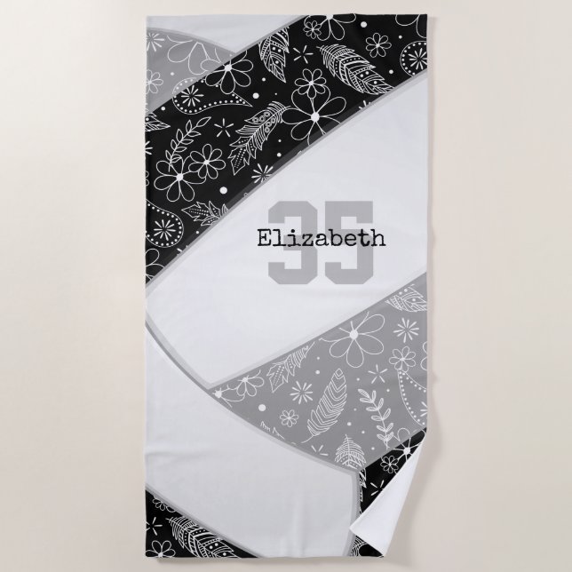 artsy floral doodles black grey volleyball beach towel (Front)