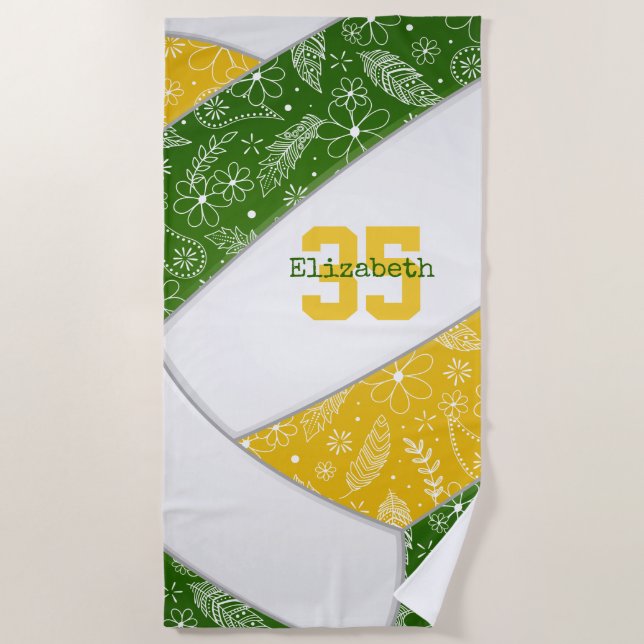 artsy floral doodles green gold volleyball beach towel (Front)