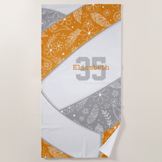 artsy floral paisley doodle orange grey volleyball beach towel (Front)