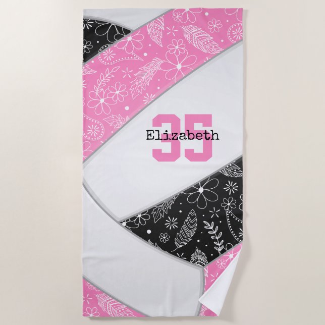 artsy floral paisley pattern pink black volleyball beach towel (Front)