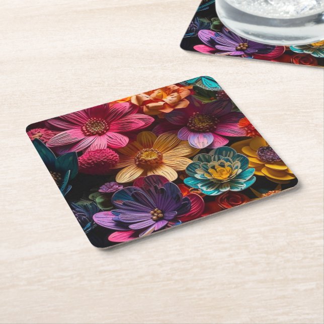 Artsy Flowers Square Paper Coaster (Angled)
