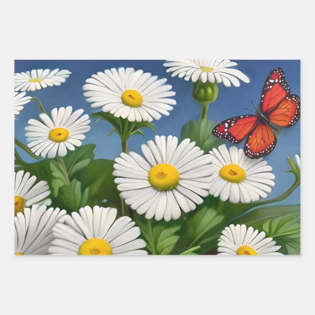 Artsy Fun Daisies And Butterflies Wrapping Paper Sheet (Front)