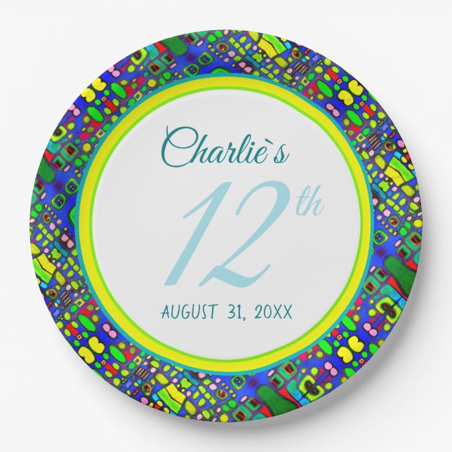 Artsy fun multicolor popular pattern custom text paper plate (Front)