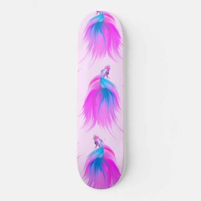 Artsy Girly Neon Pink Blue Painted Betta Fish Skateboard (Front)