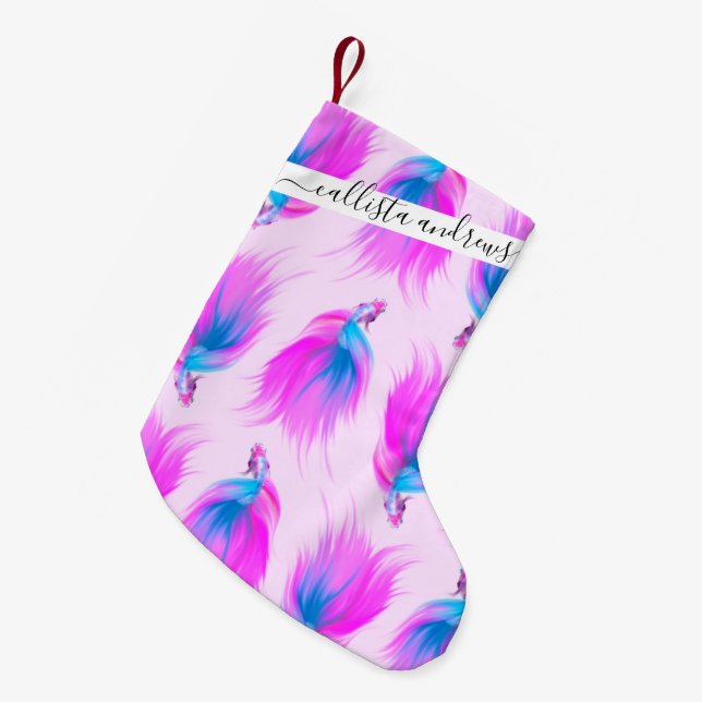 Artsy Girly Neon Pink Blue Painted Betta Fish Small Christmas Stocking (Front (Hanging))