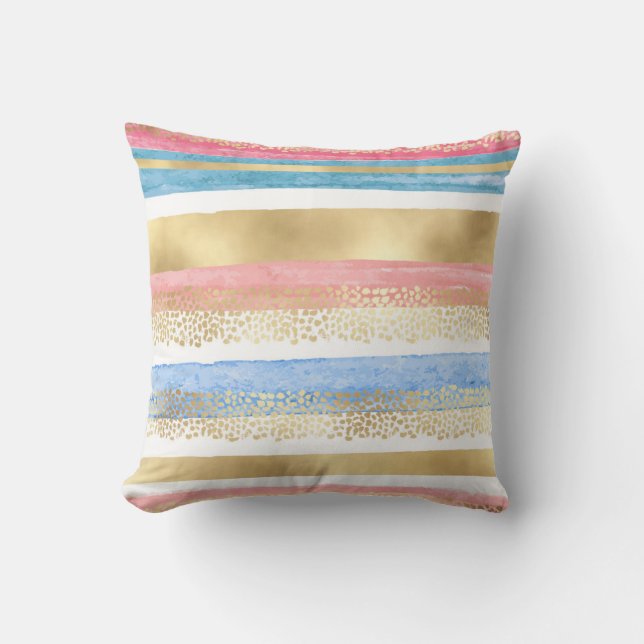 Artsy Girly Pink Gold Blue Abstract Stripes Cushion (Front)
