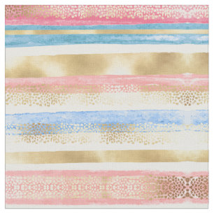 Artsy Girly Pink Gold Blue Abstract Stripes Fabric
