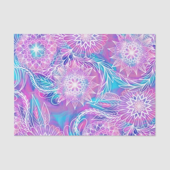 Artsy Girly Purple Aqua Floral Drawn Illustration Tissue Paper (Front)
