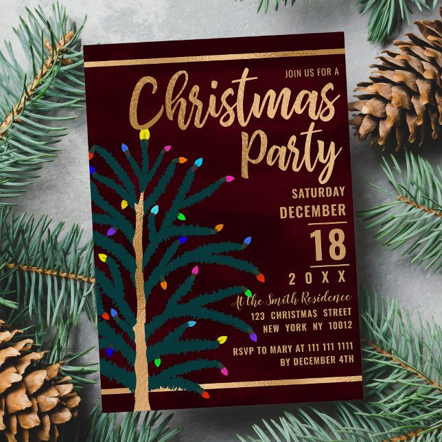 Artsy Gold Burgundy Tree Lights Christmas Party Invitation Postcard (Artsy Gold Burgundy Tree Lights Christmas Party Invitation Postcard )