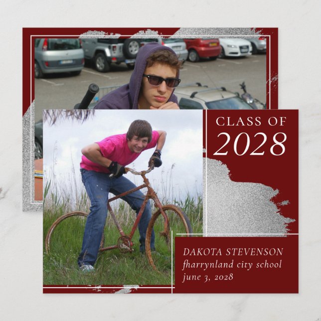 Artsy Graduation | Dark Red Silver Smudge 2 Photo Announcement (Front/Back)