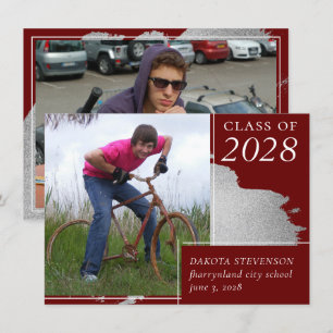 Artsy Graduation Dark Red Silver Smudge 2 Photo Announcement
