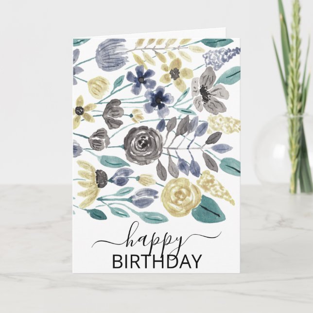 Artsy Gray Yellow Floral Watercolor Happy Birthday Card (Front)