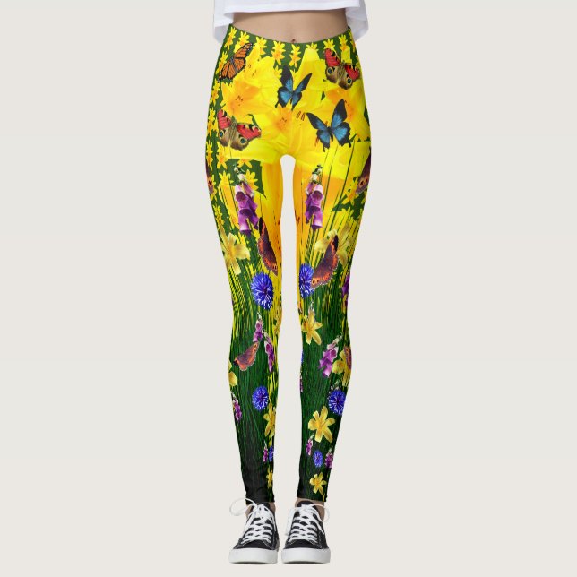 Artsy Green Fun Butterfly Spring Flowers Leggings (Front)