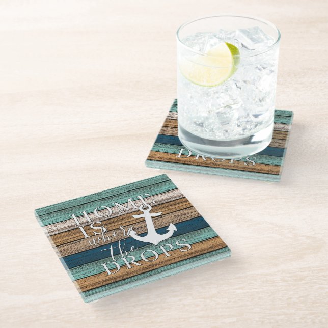 Artsy Home is Where the Anchor Drops Word Art Glass Coaster (Angled)