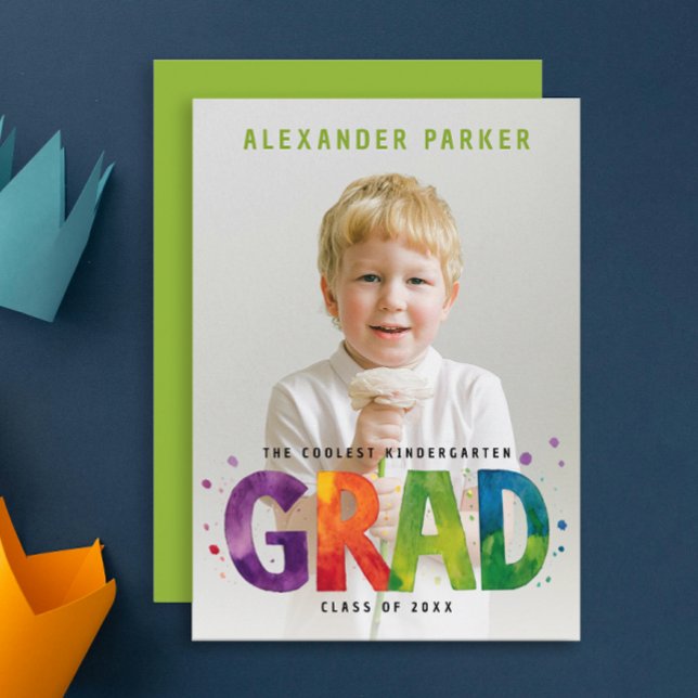 Artsy Kindergarten Graduate Colourful Green Photo  Announcement (Creator Uploaded)