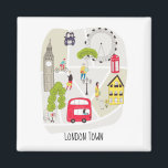 Artsy Map London England landmarks Characters Magnet<br><div class="desc">A modern stylized cartoon map of London England with people characters going about their day to day lives,  famous landmarks and a red double decker bus,  black taxi cab and red iconic phone box.</div>