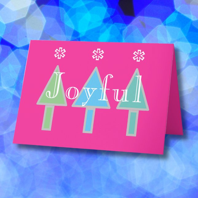 Artsy Modern Christmas Personalised Name Cute Holiday Card (Joyful pink horizontal holiday card with abstract art Christmas trees.)