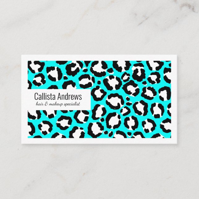 Artsy Modern Cyan Blue Leopard Animal Print Business Card (Front)