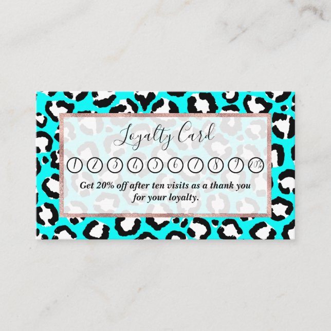 Artsy Modern Cyan Blue Leopard Animal Print Loyalty Card (Front)