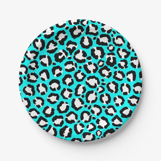 Artsy Modern Cyan Blue Leopard Animal Print Paper Plate (Front)