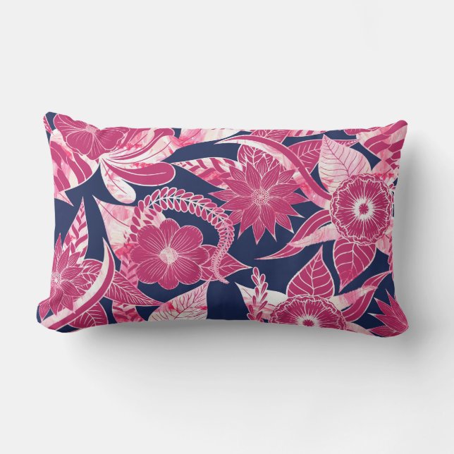 Artsy Modern Fuschia Navy Acrylic Floral Leaves Lumbar Cushion (Front)
