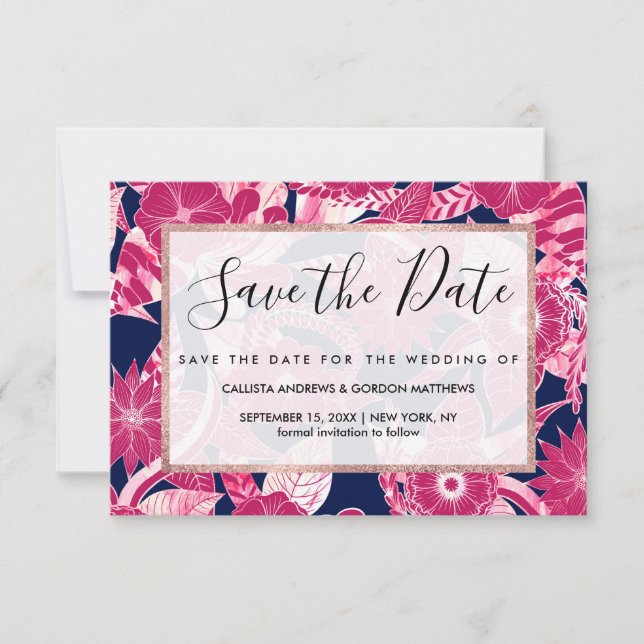 Artsy Modern Fuschia Navy Acrylic Floral Leaves Save The Date (Front)