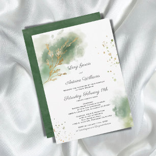 Artsy Modern Moss Green Watercolor Gold Wedding Invitation