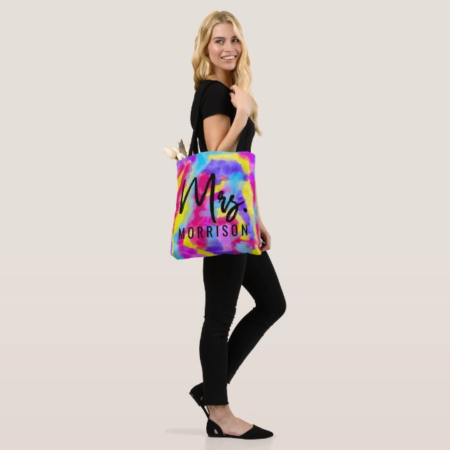 Artsy Modern Neon Colorful Rainbow Watercolor Tote Bag (On Model)