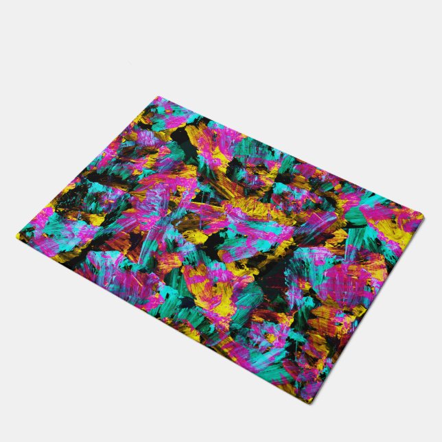 Artsy Modern Neon Colours Black Abstract Paint Art Doormat (Angled)