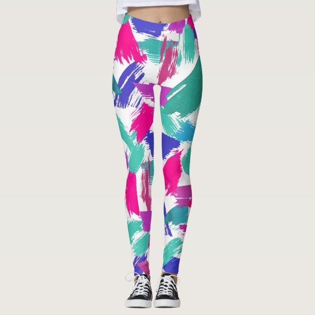 Artsy Modern Pink Teal Purple Brushstroke Collage Leggings (Front)