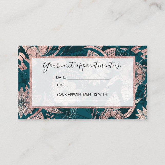 Artsy Modern Rose Gold Emerald Green Flowers Appointment Card (Front)